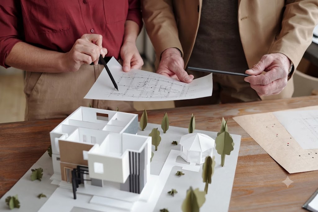 Architectural model and construction plans reviewed by MortgageHQ build finance team