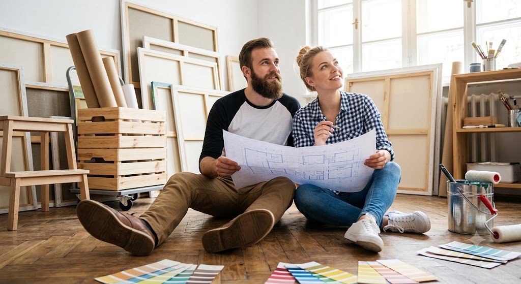 Australian couple reviewing home renovation plans after refinancing with MortgageHQ